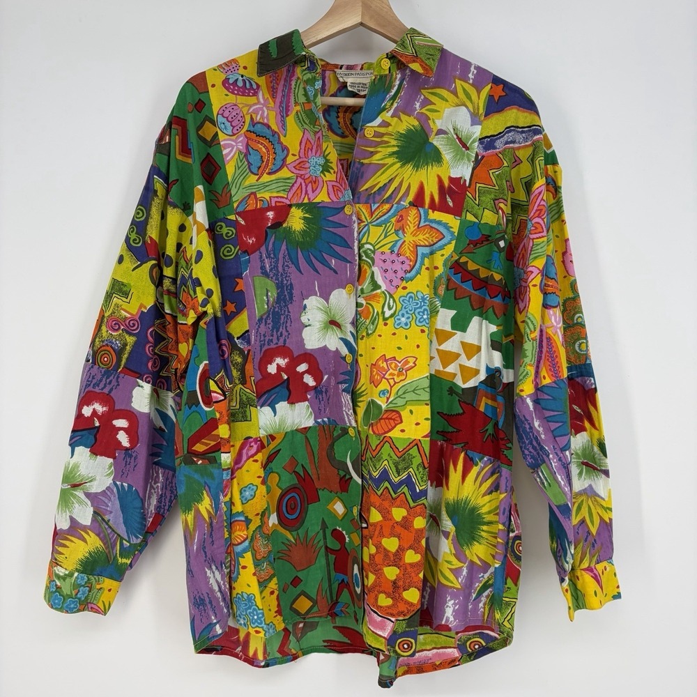 Vtg 80's Button-up Blouse M‎ Cotton Artsy Travel Hippie Kaleidoscope Art To Wear